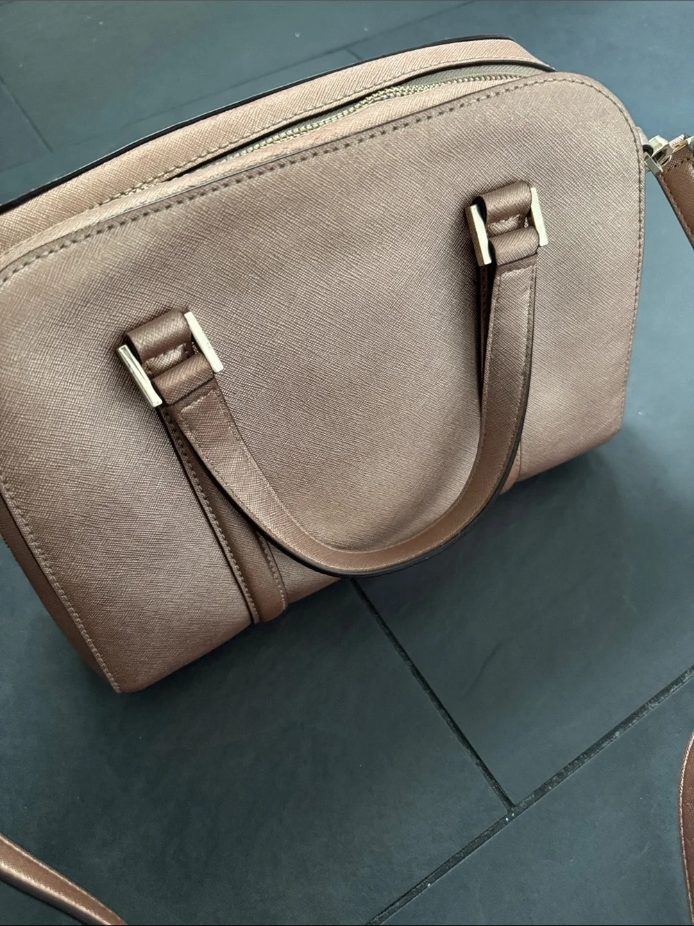 kate spade metallic rose gold satchel with top handles & shoulder strap
